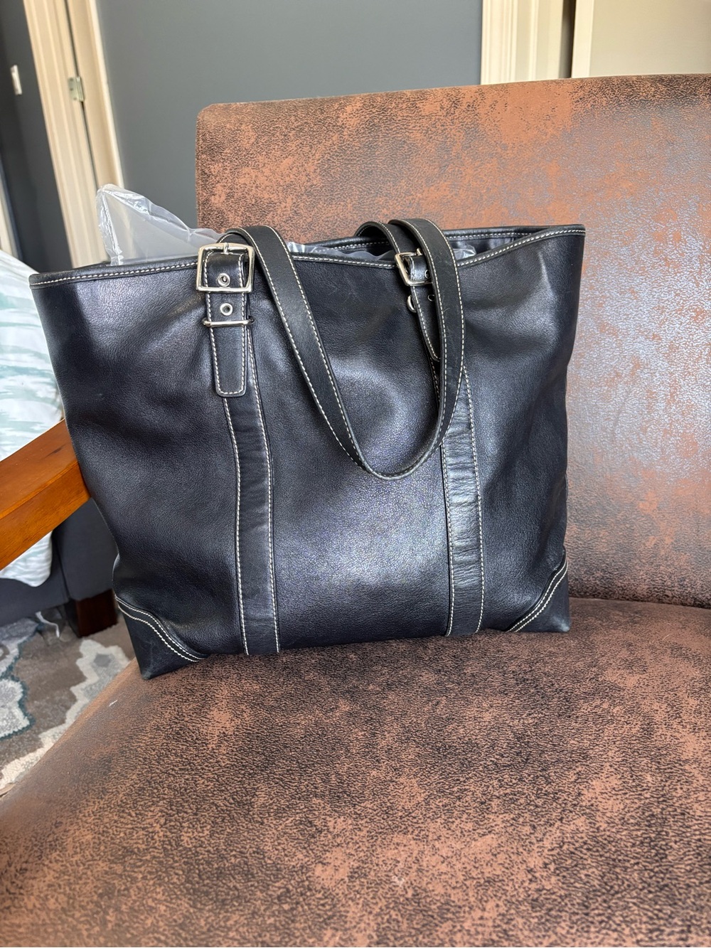 Coach Black Leather Tote with Contrast Stitching